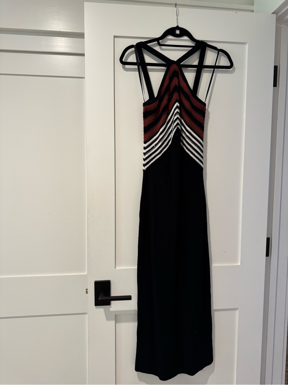 Ann Taylor Crochet Black Dress with Rust and White Chevron Bodice